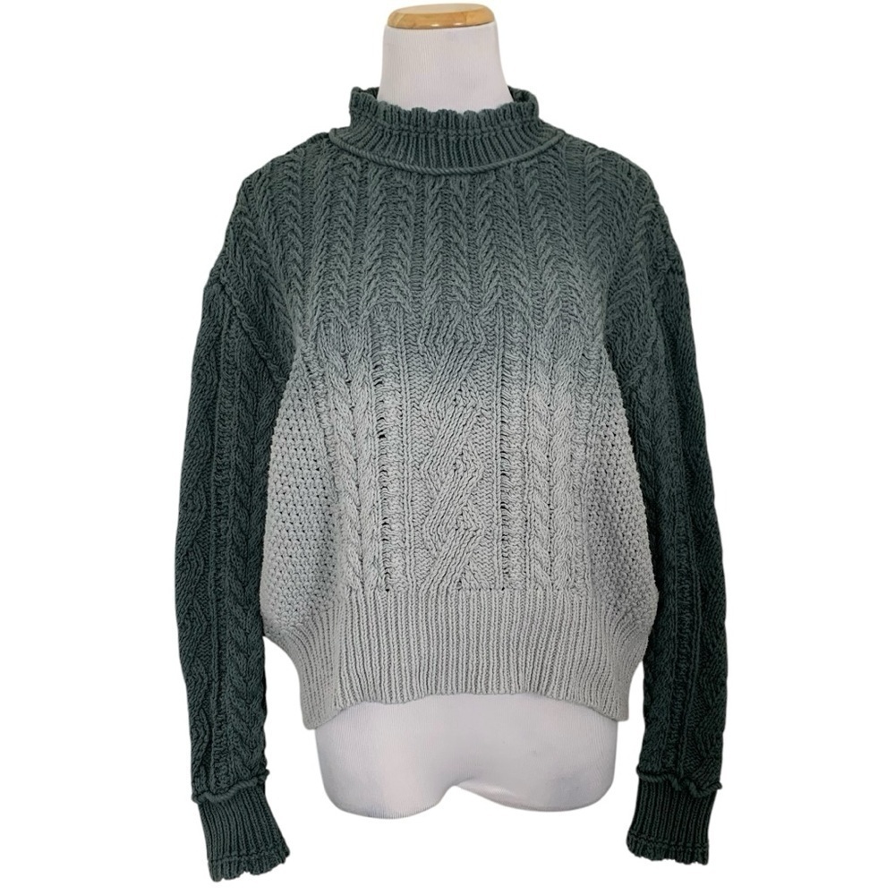Anthropologie Sweater Women's M Marci Dip Dyed Ombre Cable Knit Gray/Green
